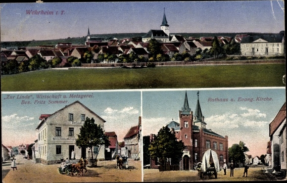 Ak Wehrheim im Taunus Hesse, gemeentehuis, evangelische kerk, herberg Zur Linde, totaaloverzicht