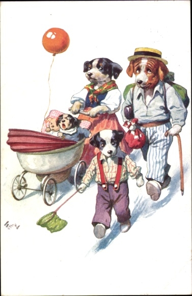 Artist Postcard Off to the weekend, humanized dog family, stroller