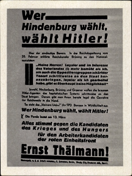 Sammelbild Geschichte der deutschen Arbeiterbewegung, 49 Wer Hindenburg wählt, wählt Hitler
