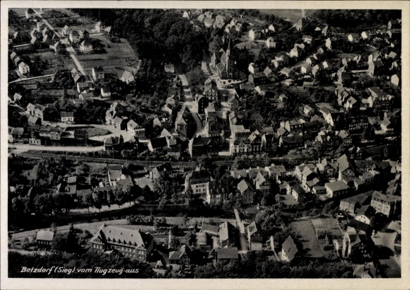 Postcard Betzdorf an der Sieg, aerial photograph of houses, landscape, black and white