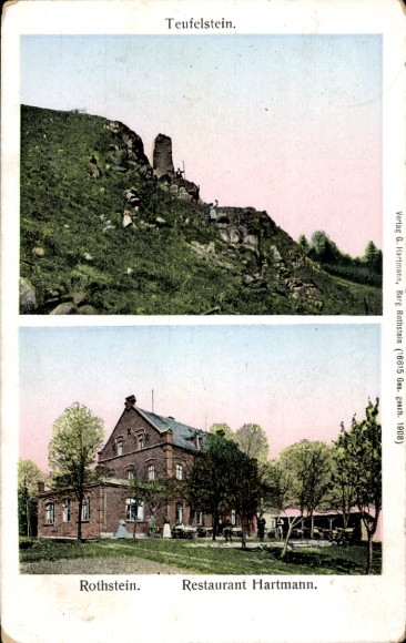 Ak Rothstein Rotstein Reichenbach in der Oberlausitz, Teufelstein, Restaurant Hartmann, histor...