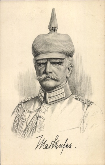 Postcard portrait drawing and autograph of Colonel General von Mackensen