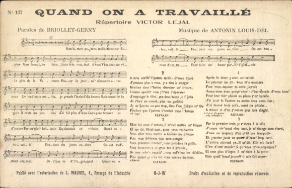 Song Postcard Quand on a travaille, Briollet-Gerny, Antonin Louis-Del