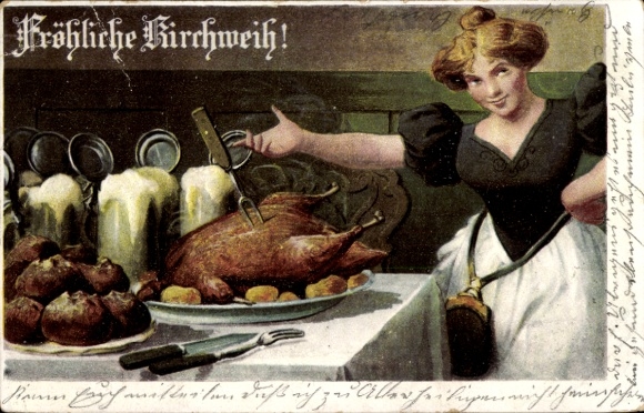 Künstler Ak Fröhliche Kirchweih, Frau, Essen, Bierkrüge, Entenbraten