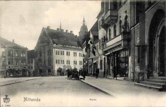 Ak Mittweida in Sachsen, Partie am Marktplatz, Kaufhaus H. Bach, Geschäft Ferdinand Bester
