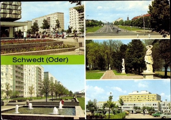 Postcard Schwedt an der Oder, Liberation Square, Leninallee, Park am Kulturhaus, district hospital