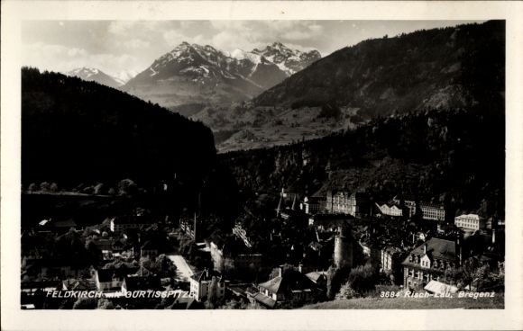 Feldkirch Vorarlberg, mountain landscape with Gurtisspitze, city view, buildings