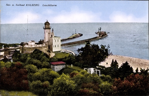 Postcard Kołobrzeg Kolberg Pomerania, lighthouse, beach, harbor area