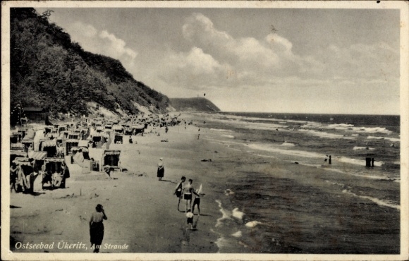 KP Ostseebad Ueckeritz Ückeritz na wyspie Uznam, kurort nad Morzem Bałtyckim Ükeritz, plaża, wybrzeże, leżaki, ludzie