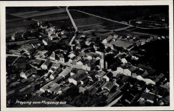 Postcard Freyung in the Bavarian Forest, aerial view of buildings, streets, rural surroundings