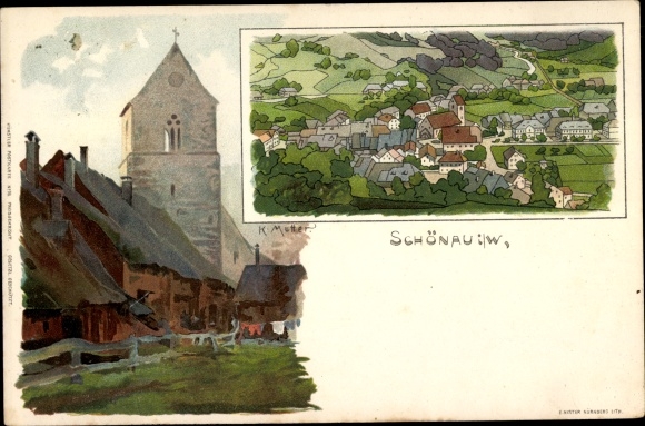 Artist Chromo-Litho mother, K., Schönau Bad Münstereifel in North Rhine-Westphalia, church, town view