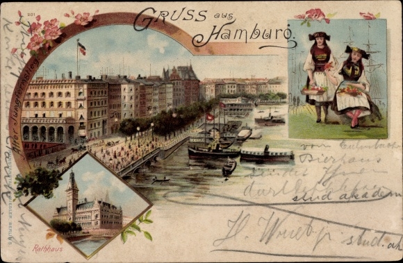 Chromo-Litho Hamburg Mitte Altstadt, Alter Jungfernstieg, City Hall, girl in four-country costume