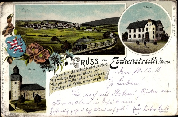 Coat of arms Chromo-Litho Eschenstruth Helsa in Hesse, school, view of the town, church, steam locomotive