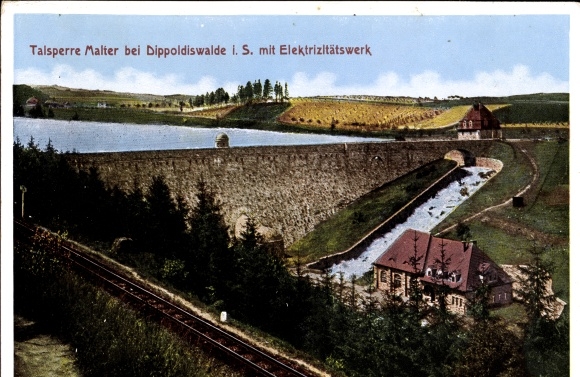 Postcard Malter Dippoldiswalde in the Eastern Ore Mountains, dam with electricity plant, railway tracks