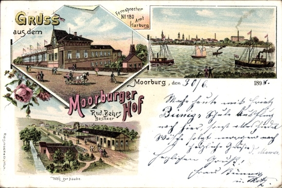Chromo-Litho Hamburg Harburg Moorburg, Moorburger Hof, sailing party, path to Haake