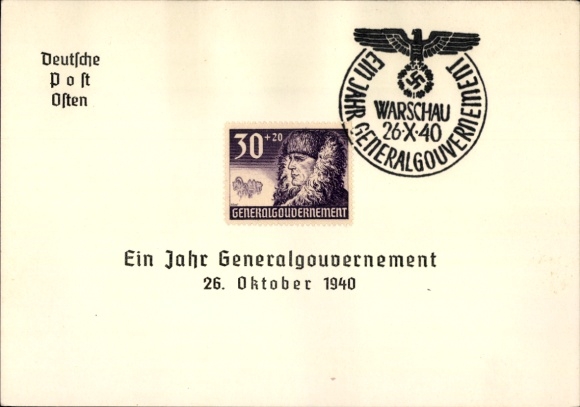 Postcard One Year of the General Government, October 26, 1940, Deutsche Post Osten, Warsaw