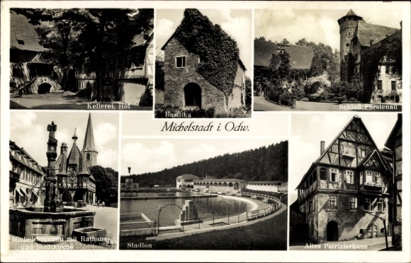 Postcard Michelstadt im Odenwald, basilica, Michel fountain, town hall, town church, stadium, castle
