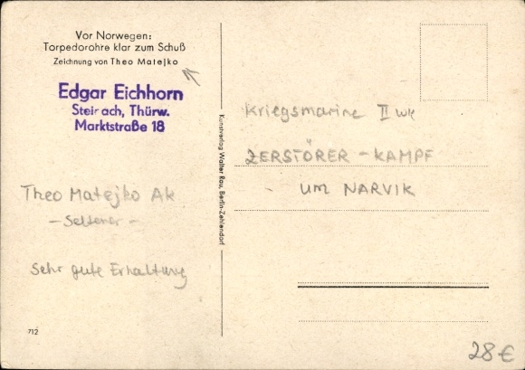 Artist Postcard Matejko, Theo, Off Norway, torpedo tubes ready for firing, Kriegsmarine
