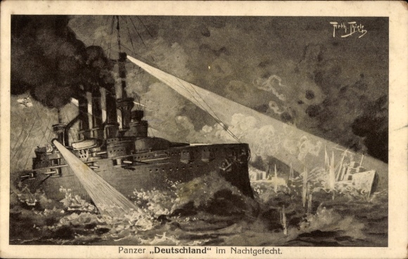 Artist Postcard Thiele, A., Panzer Deutschland, Night Battle, Imperial Navy