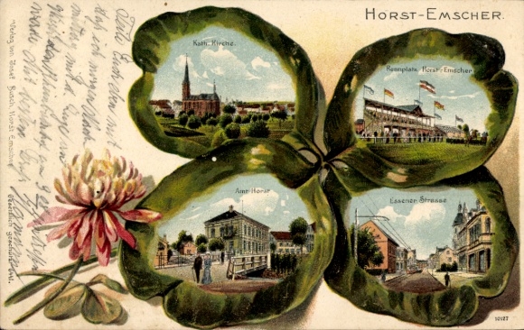 Klaverblad litho Horst Emscher Gelsenkirchen in het Ruhrgebied, kerk, racecircuit, kantoorgebouw