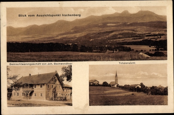Postcard Irschenberg in Upper Bavaria, panorama from the vantage point, commercial building, church