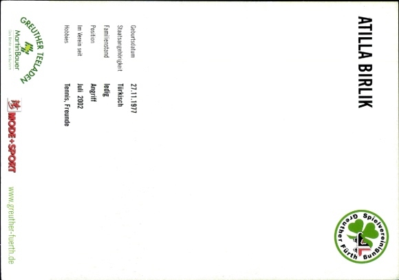 Autograph card footballer Atilla Birlik, SpVgg Greuther Fürth, autograph
