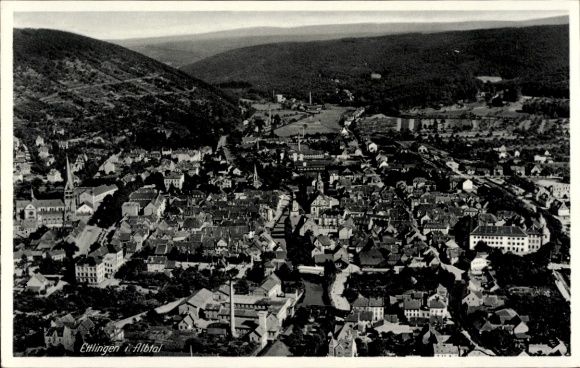 Postcard Ettlingen in Baden, mountain view, city view, Albtal, architecture
