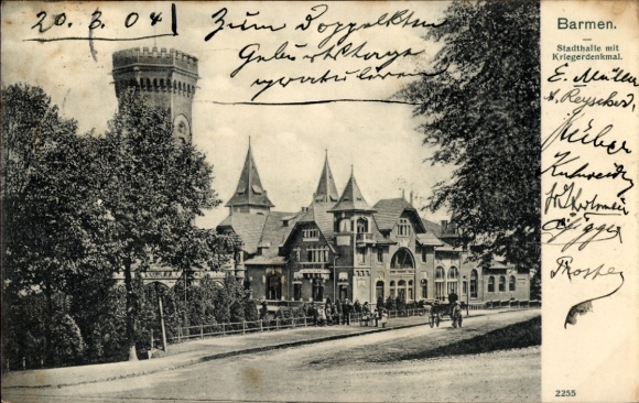 Postcard Barmen Wuppertal, town hall with war memorial, on the birthday