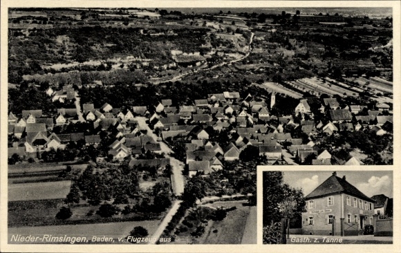 Postcard Niederrimsingen Breisach am Oberrhein, aerial photograph, Gasth. zur Tanne