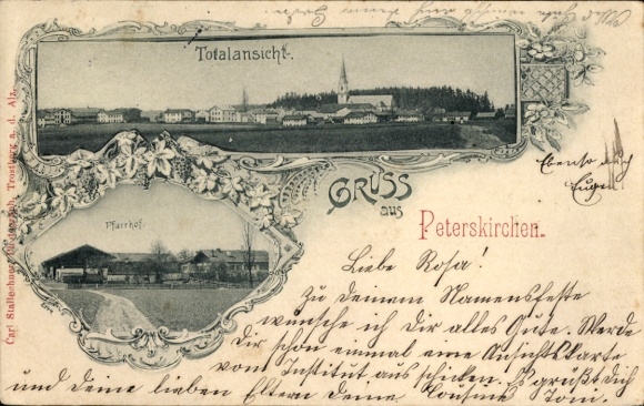 Ak Peterskirchen Tacherting in Oberbayern, Totalansicht, Pfarrhof
