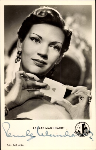 Postcard actress Renate Mannhardt, portrait, autograph, playing card