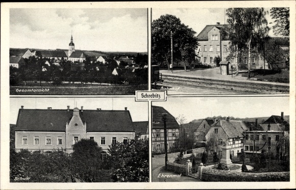 Ak Schrebitz Nossen in Sachsen, Bahnhof, Gleisseite, Ehrenmal, Schule, Totalansicht