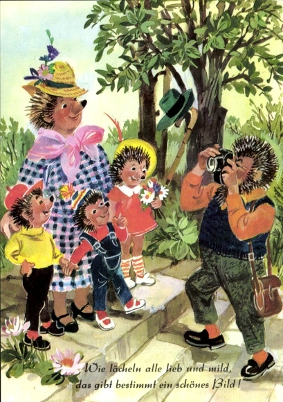Postcard Humanized hedgehogs, family, hedgehog man with camera
