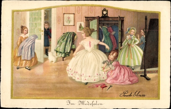 Artist PC Ebner, Pauli, in the fashion salon, dress rehearsal, dressmaker