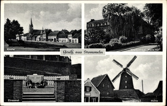 Postcard Stommeln Pulheim North Rhine-Westphalia, church, hospital Maria Hilf, memorial, mill