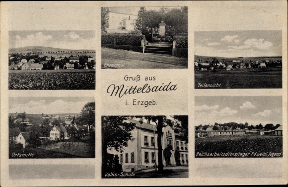 Postcard Mittelsaida Großhartmannsdorf in the Ore Mountains, partial views, memorial, RAD camp, school