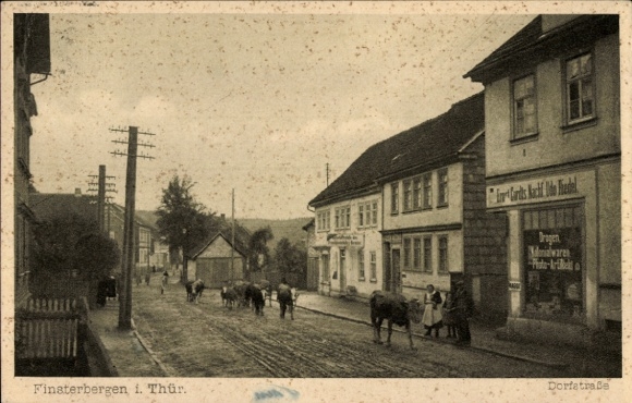 Postcard Finsterbergen Friedrichroda in the Thuringian Forest, Dorfstraße, shop Ernst Cordts, Otto Riedel