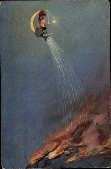 Artist Postcard Boy with Fez on the crescent moon pours burning earth, lava?