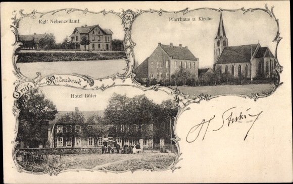 Postcard Rütenbrock Haren in Emsland, vicarage and church, royal. Sub-customs office, Hotel Büter