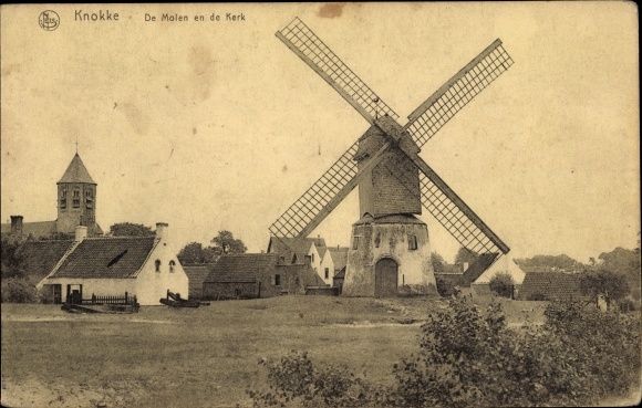 Postcard Knokke Heist West Flanders, De Molen en de Kerk, windmill, church