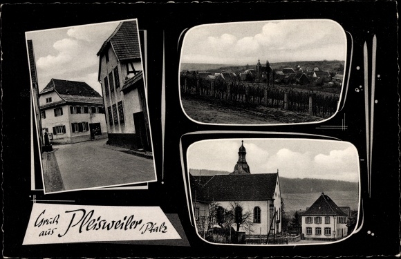 Postcard Pleisweiler Oberhofen Rhineland Palatinate, church, town views