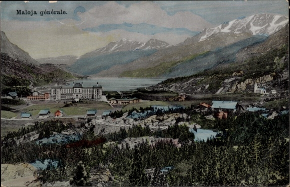 Postcard Maloja Canton of Graubünden, mountain landscape, lake, building, colored