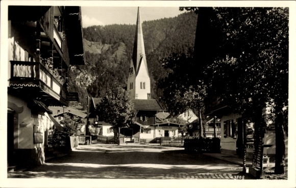 Postcard Bayrischzell in the Mangfall Mountains Upper Bavaria, village section, church, residential buildings