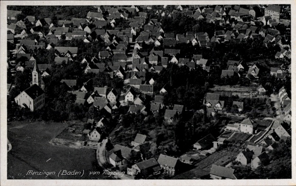 Postcard Menzingen Kraichtal in Baden, aerial view of Menzingen, many roofs, church visible