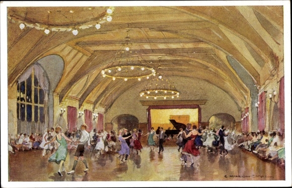 Kunstenaars Ak Compton, Harrison, Klais Krün Opper-Beieren, kasteel Elmau, Grote Zaal, dans, kroonluchter