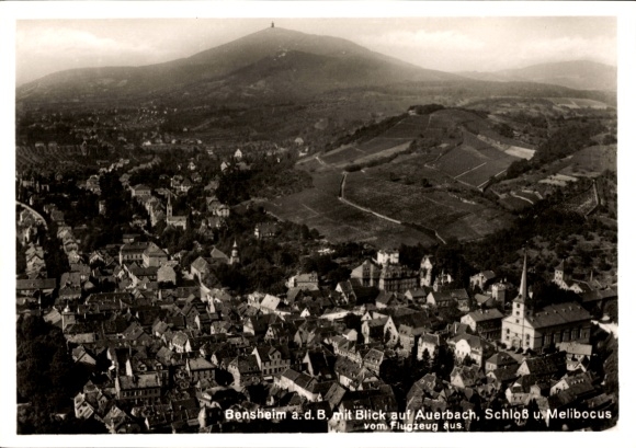 Postcard Bensheim on the Bergstraße Hessen, aerial photograph, view of Auerbach, castle, Melibocus