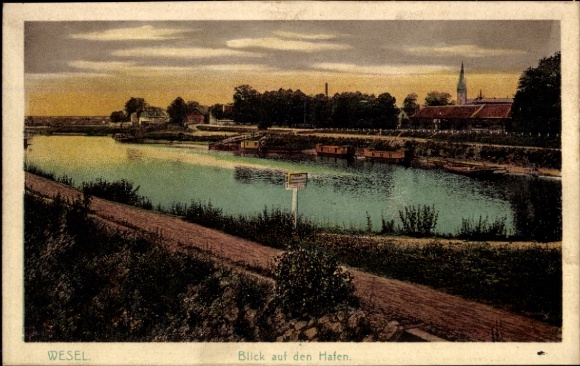 Ak Wesel am Niederrhein, Blick auf den Hafen,  Wasser, Boote, Ufer