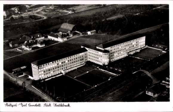 Postcard Bad Cannstatt Stuttgart in Württemberg, aerial photograph of the city skin clinic, black and white, cultivated
