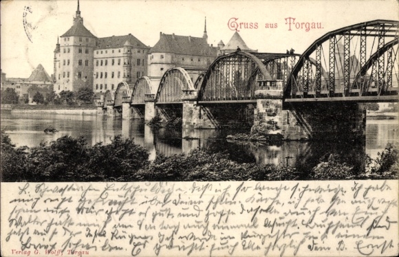 Ak Torgau an der Elbe, Brücke über den Fluss, s Gebäude im Hintergrund, Gruss aus Torgau