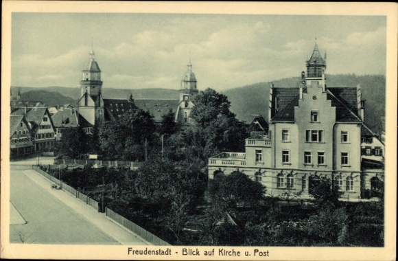 Postcard Freudenstadt in the Black Forest, view of church, post office, trees, buildings
